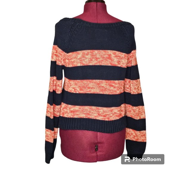 American‎ Eagle Outfitters Off Shoulder Crop Sweater Boatneck Blue Orange Sz Lrg - Picture 3 of 4